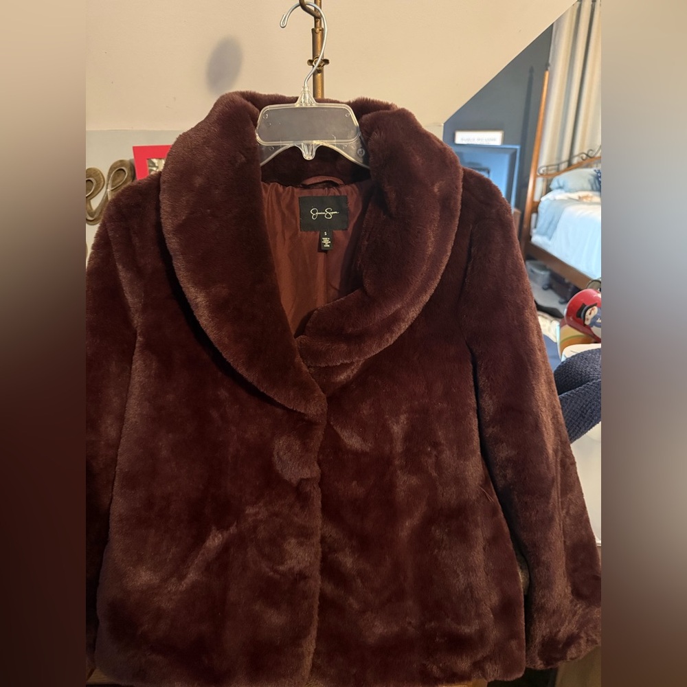 Jessica Simpson Faux Fur Coat – Size Small, Deep Burgundy